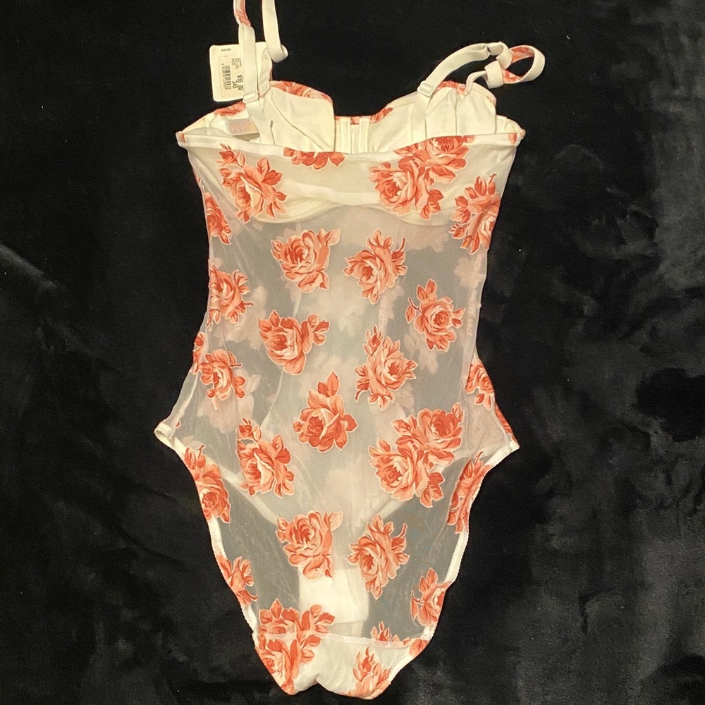 Vintage Rosy Floral Sheer Mesh Bodysuit | 34B NWT | Deadstock French Lingerie - Picture 5 of 16